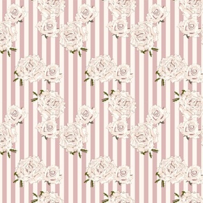 Medium Cream hand drawn Roses on blush pink and cream white stripes with green leaf detail