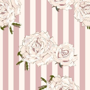 Large hand drawn cream roses on blush pink & cream white stripes