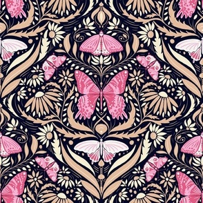 butterflies and daisies | pink and nude on dark background