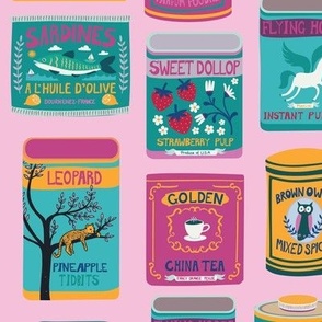 Vintage canned goods- Retro tins in brights on pink - medium scale