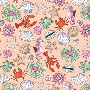 Summer ocean blossom coral shells and sea creatures starfish crab and lobster red pink mint green on blush