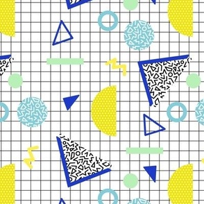 Nineties revival - geometric neon shapes triangles circles squares and grid design yellow eclectic blue mint on white raster