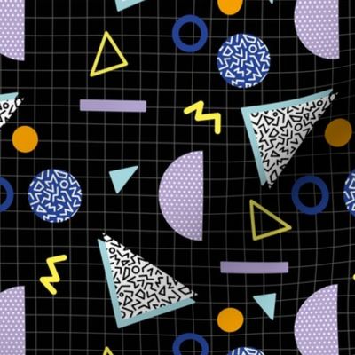 Nineties revival - geometric neon shapes triangles circles squares and grid design  blue lilac orange yellow on black