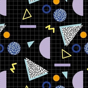 Nineties revival - geometric neon shapes triangles circles squares and grid design  blue lilac orange yellow on black