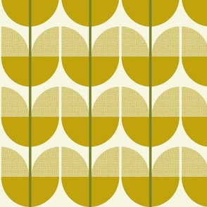 Retro Texture Flower Stems Pattern No.2 Mustard Yellow, Green On Cream