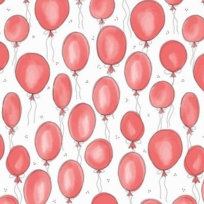 552 - Medium small minimalist scale pinky red birthday balloons in watercolour - pretty watermelon blush pink with black outlines, doodle scribble style, for parties, large scale birthday table linen