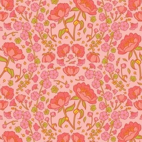 Peonies and Hollyhocks Folk Floral on Pink - Small