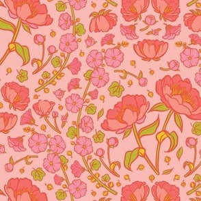 Peonies and Hollyhocks Folk Floral on Pink - Medium