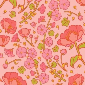 Peonies and Hollyhocks Folk Floral on Pink - Large