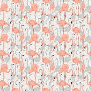 Tropical Flamingos and Palm Leaves in Light Grey and Peach (Small Scale)