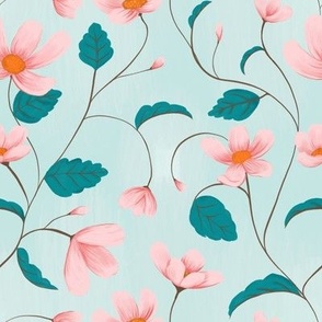 Pink Floral on Blue Mint