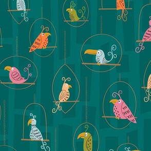 Tiki Birds - colorful parrots on perches in a retro midcentury modern style - teal - shw1030 b - medium scale