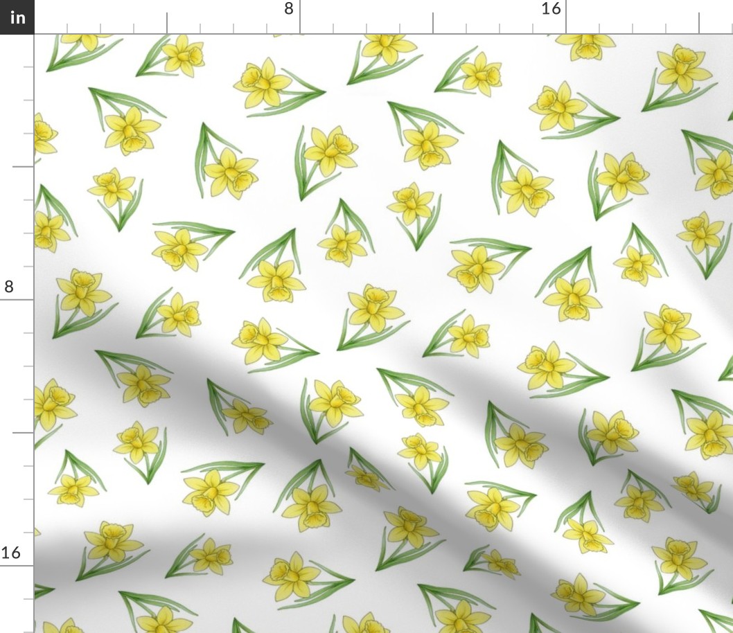 Daffodils ditsy on white - medium scale