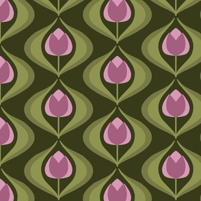 Tulip Ogee - Simple Symmetrical Folk Art Tulips with Leaves, Arranged in Graceful Curves - Mauve Pink on Dark Green - shw1024 a - large scale 