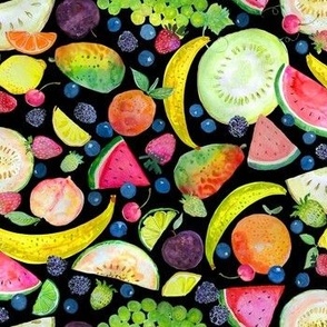 Colorful Fruit Salad Watercolor // Black 