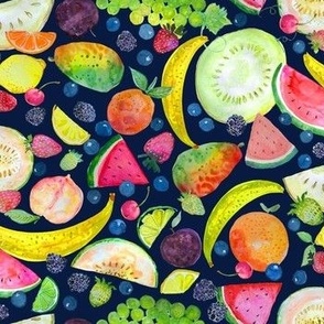 Colorful Fruit Salad Watercolor // Navy 