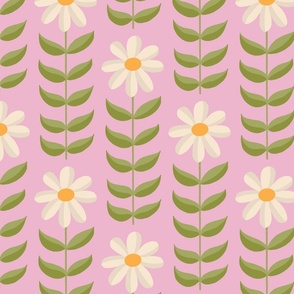 Tall Daisies - Simple Symmetrical Folk Art Daisy with Leaves, Arranged in a Stripe Pattern - Cream on Pastel Pink - shw1023 c - large scale 