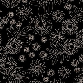 Black summer - Leaves daisies lilies gerbera summer blossom garden soft beige on black 