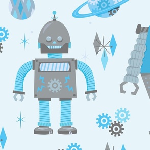 Mid-Century Tin Robots in Blue - Large