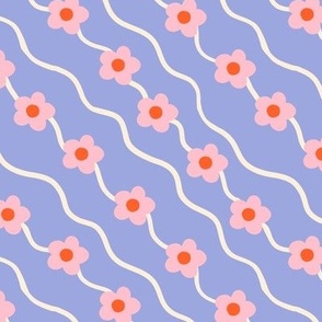 Wavy ditsy floral pattern in pastel blue and pink - Small scale