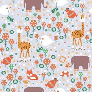 Animals On Safari in the City - Lavender and Green - Funny - Whimsical - Giraffe - Jungle