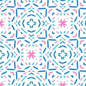 Abstract blue line geometric tiles with pink stars