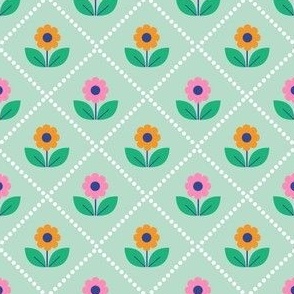 Retro Floral Diamond Pattern on Green - 4 x 4 in