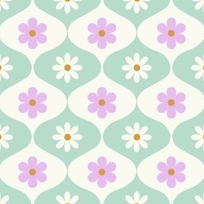 Geometric Floral Pattern in Green and Purple on White Background - 2 x 2 in