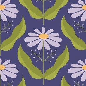 Proud Daisy - Simple Symmetrical Daisy with Leaves, Arranged in a Diamond Grid Pattern - Lavender on Purple - shw1022 a - large scale