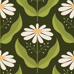Proud Daisies - Simple Symmetrical Daisy with Leaves, Arranged in a Diamond Grid Pattern - Cream on Dark Green - shw1022 b - large scale