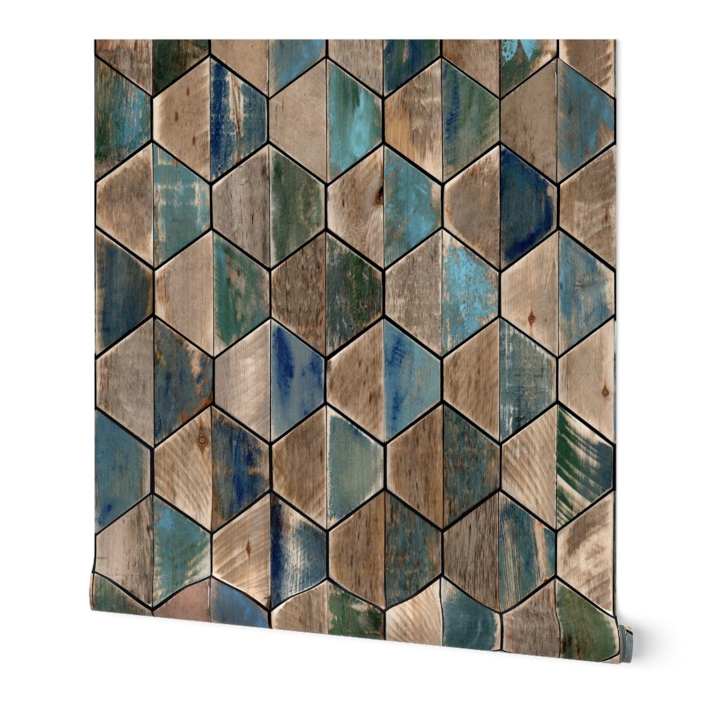 Driftwood Coastal Hexagons Modern Wood Geometric Bi-Color - Laguna Collection