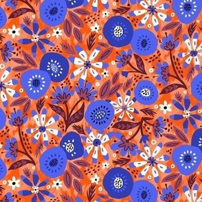 Groovy summer cobalt blue floral on orange small scale