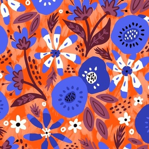 Groovy summer cobalt blue floral on orange wallpaper scale