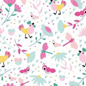 Floral Friends - White - Gubiller - Garden - Botanicals - Flowers - Chicken - Insects - Nature - Green - Pink