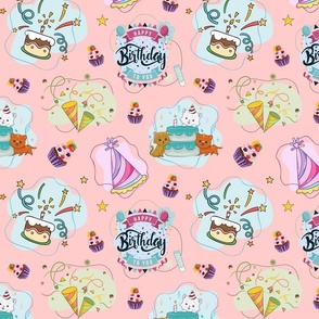 Happy Birthday Cup Cake Hat With Adorable Cats Pink Background