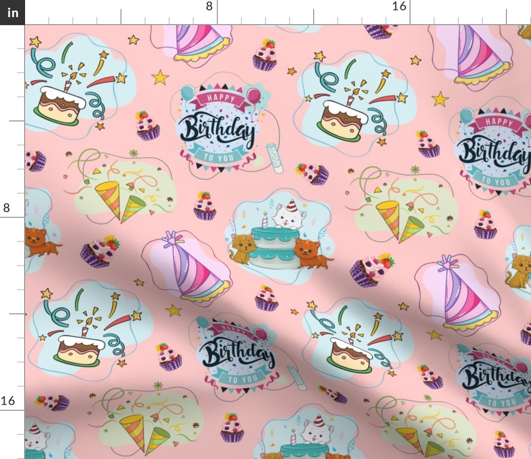 Happy Birthday Cup Cake Hat With Adorable Cats Pink Background