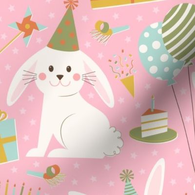 Some Bunny's Birthday! Rabbits celebrate with party hats, gifts, cake and balloons on a pink background