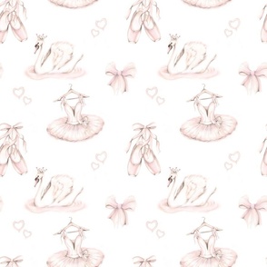 Ballet and Swan Sketched Design in Blush Pink, Beige and White for Girls