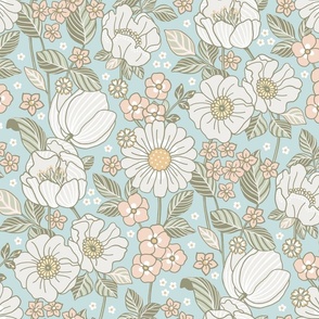 Retro Soft Neutral Floral Garden - Blue