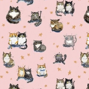 SMALL - Cats amongst the stars on pink