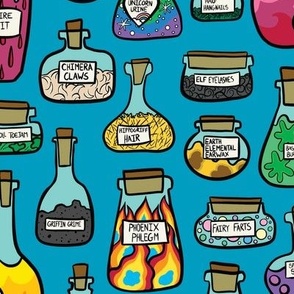 Blue Halloween Potion Bottles with Funny Potion Ingredients (Medium)