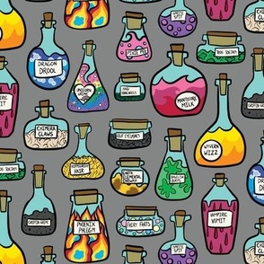 Funny Potion Bottles with Silly Ingredients on Gray (Small)