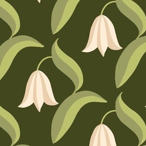 Bell Blossoms - Delicate Spring Flowers - snowdrop, bluebell, tulip, harebell - cream on green Background - shw1021 e - medium scale