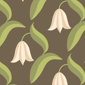 Bell Blossoms - Delicate Spring Flowers - snowdrop, bluebell, tulip, harebell - cream on taupe Background - shw1021 f - medium scale