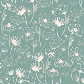 Hand drawn Beige Prairie Flowers with Sun Sketches on Light Teal Green