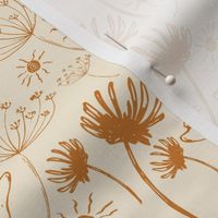 Hand drawn Burnt Sienna Brown Prairie Flowers with Sun Sketches on Cornsilk White