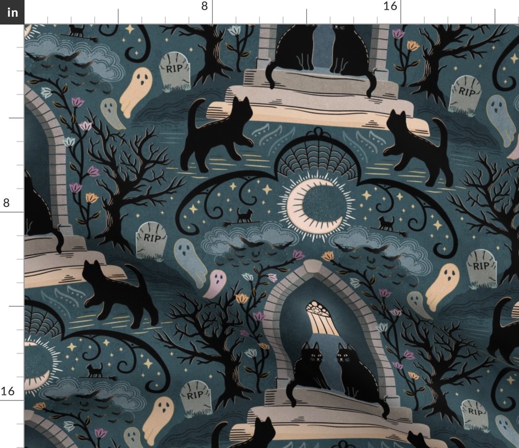 Witches cats visit haunted mansions and cemeteries at night - goth, witch, halloween, spooky, ghosts - dark teal-blue - extra large