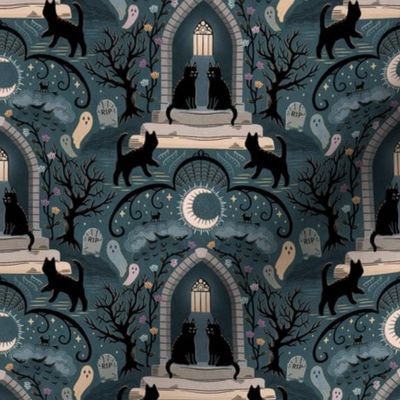 Witches cats visit haunted mansions and cemeteries at night - goth, witch, halloween, spooky, ghosts - dark teal-blue - medium