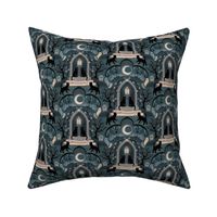 Witches cats visit haunted mansions and cemeteries at night - goth, witch, halloween, spooky, ghosts - dark teal-blue - medium