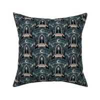 Witches cats visit haunted mansions and cemeteries at night - goth, witch, halloween, spooky, ghosts - dark teal-blue - small